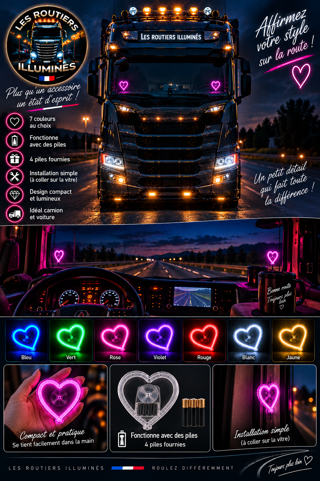 Cœur LED Lumineux pour pare-brise - Camion et Voiture
