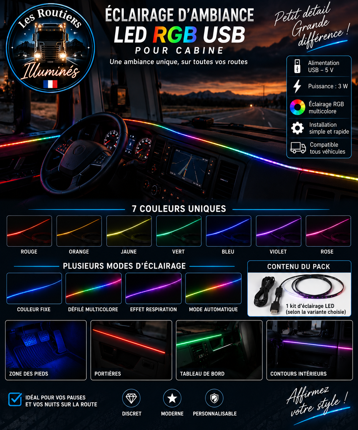 Éclairage d'ambiance LED RGB USB pour cabine