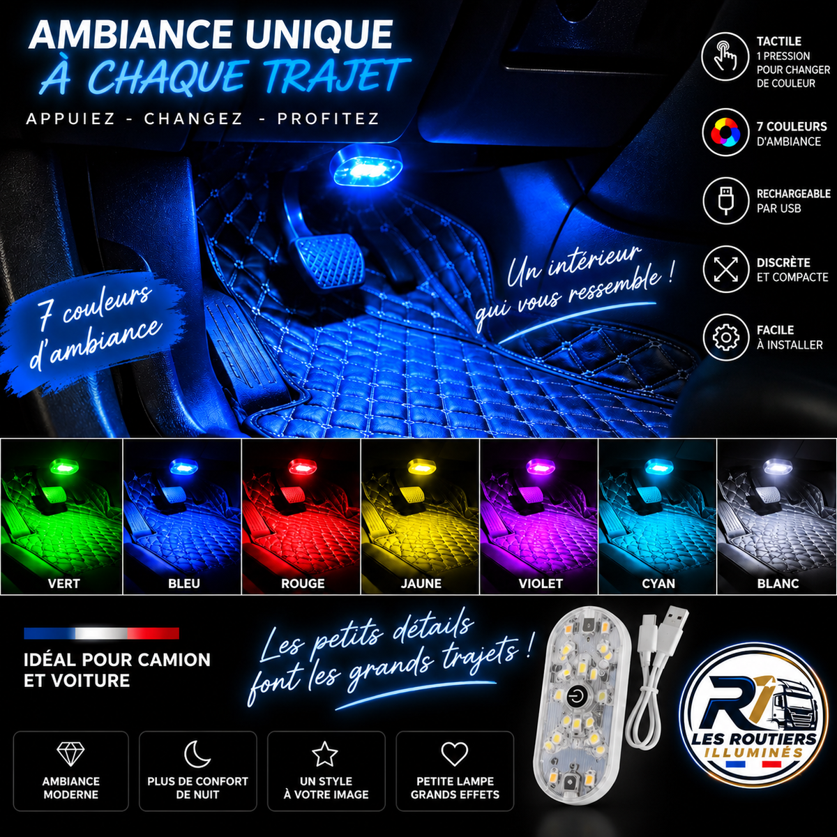 Éclairage d'ambiance LED tactile rechargeable - Camion et voiture